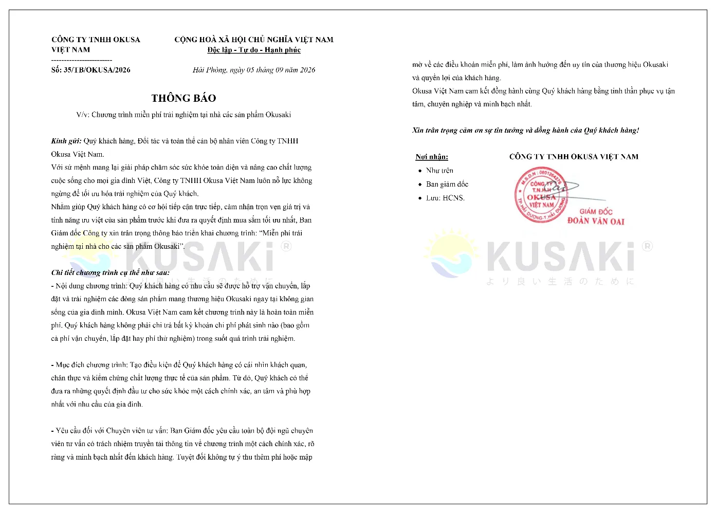 Văn bản thông báo chương trình trải nghiệm miễn phí 100% của Okusaki
