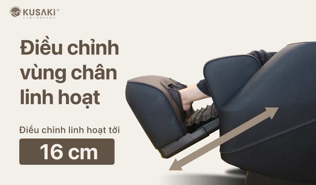 Phần chân ghế massage có thể kéo dài linh hoạt thêm 16cm