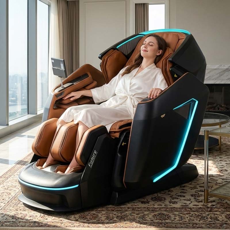 Người phụ nữ nằm trên ghế massage okusaki am999 trong căn phòng sang trọng