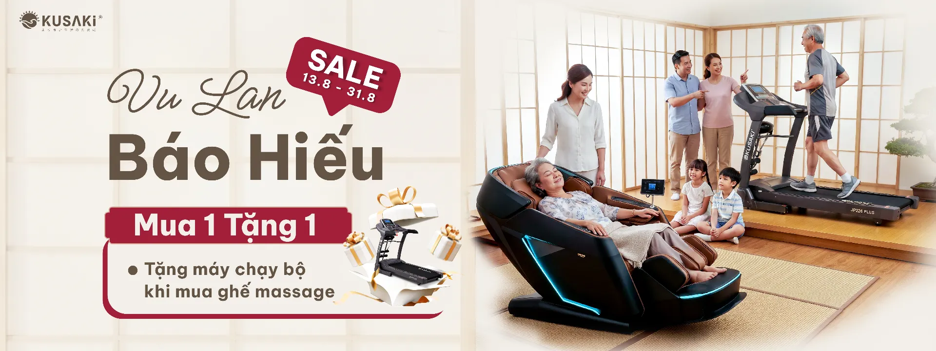 Okusaki Khuyến mãi Vu Lan mua ghế massage tặng máy chạy bộ